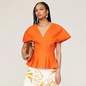 Eudon Choi Collective Top Cotton Poplin Flutter Sleeve V-Neck Peplum Orange 14